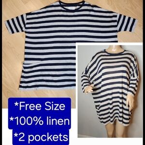 Vlas Blomme One Size 100% Linen Drop Shoulder 2-Pocket Blue Stripe Tunic Top